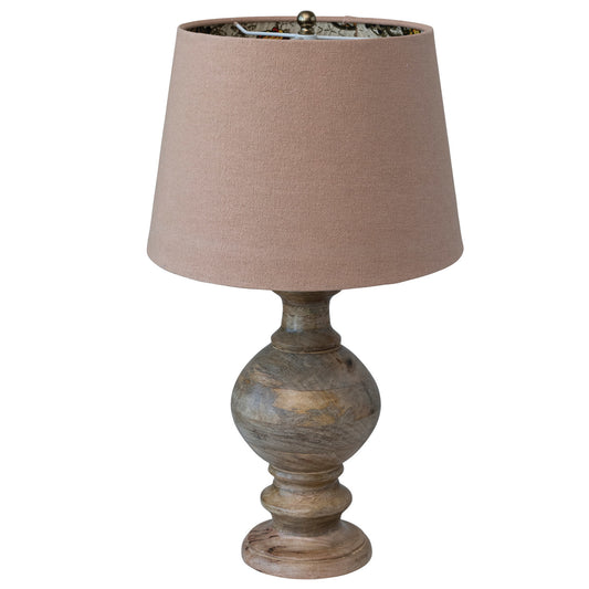 Mango Wood Table Lamp w/ Interior Floral Print Cotton Shade